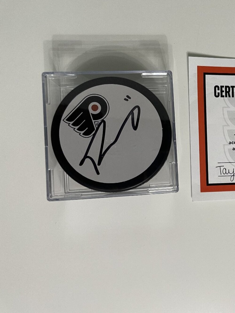 New in Display Case:  Travis Konecny Autograph Signed NHL Hockey Puck – Flyers